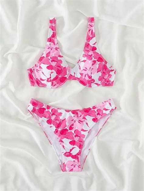 SHEIN Swim Mod Summer Beach Floral Print Bikini Set Underwire Top High Cut Bottom Pieces