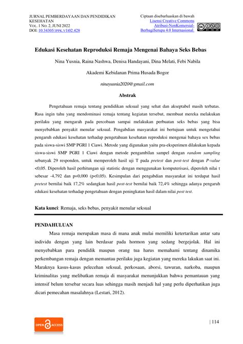 Pdf Edukasi Kesehatan Reproduksi Remaja Mengenai Bahaya Seks Bebas