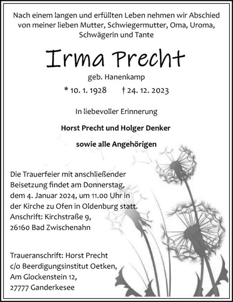 Traueranzeigen Von Irma Precht Nordwest Trauer De