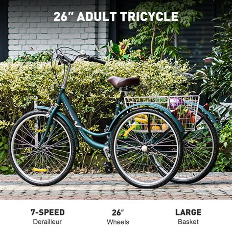 Viribus 26 Inch Adult Tricycle 7 Speed 3 Wheel Cruiser Bike Trike W Rear Basket Green