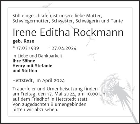 Traueranzeigen Von Irene Editha Rockmann Abschied Nehmen De