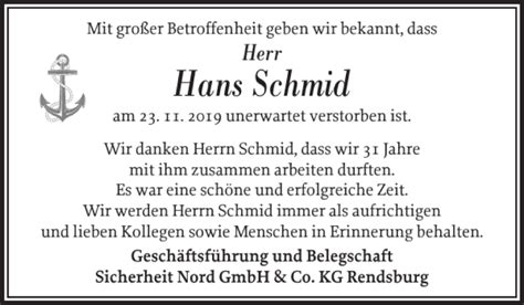 Traueranzeigen Von Hans Schmid Sh Z Trauer