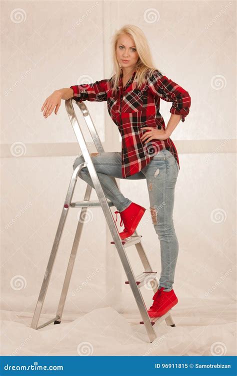 Fashion Shots Of A Cute Blonde Woman With Ladder Stock Image Image Of Elegant Ladder