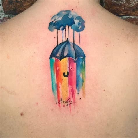 Watercolor umbrella + rain tattoo on the back