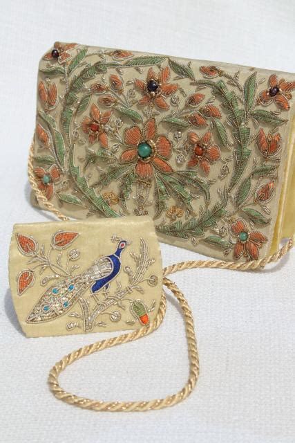 Vintage India Silk Shoulder Bag Clutch Purse W Metal Embroidery And