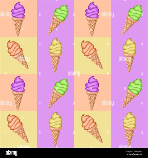 Multi Colored Fruit Ice Cream In Waffle Cones Seamless Pattern Vector