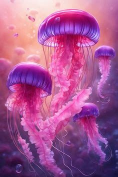 Two Pink Jellyfishs Floating In The Water