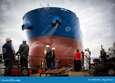 Launching Of Renovated Tanker Cargo Ship From Dock To Water Editorial