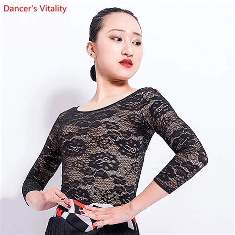 Latin Dance Tops Women Dancing Practice Costumes Sexy Lace Long Sleeves