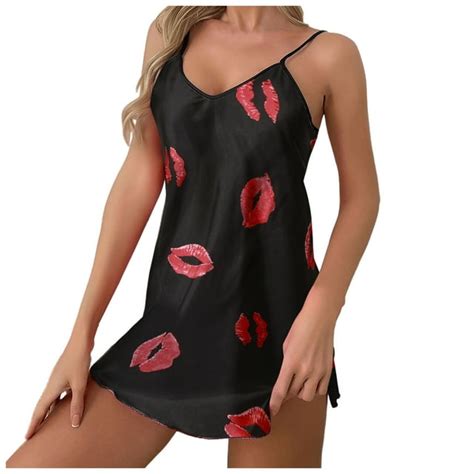 Womens Nightshirts And Gowns Summer Thin Lip Print Sexy Spaghetti Strap