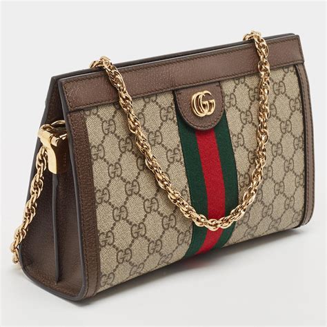 Gucci Brown Beige GG Supreme Canvas Small Ophidia Shoulder Bag For Sale