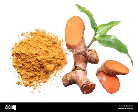 Fresh Turmeric Rhizome And Turmeric Powder Isolated On White Background