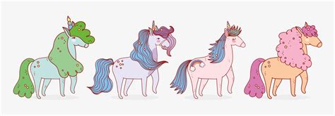 Four Cute Unicorns Pack Vector Art At Vecteezy