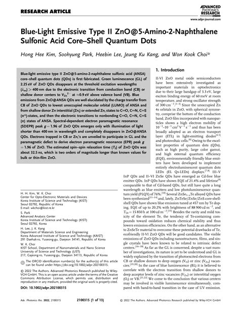 PDF BlueLight Emissive Type II ZnO 5Amino2Naphthalene Sulfonic