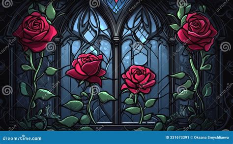 Gothic Stained Glass Window With Blooming Red Roses Stock Image Image