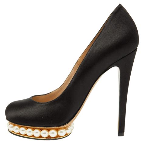 Nicholas Kirkwood Black Satin Casati Faux Pearl Platform Pumps Size 38