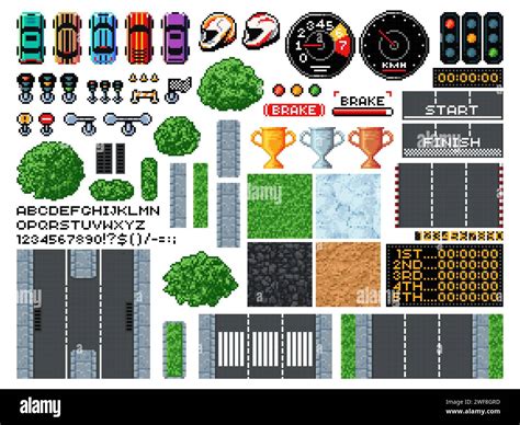 Bit Pixel Art Race Game Top View Of Racing Track Cars And Equipment