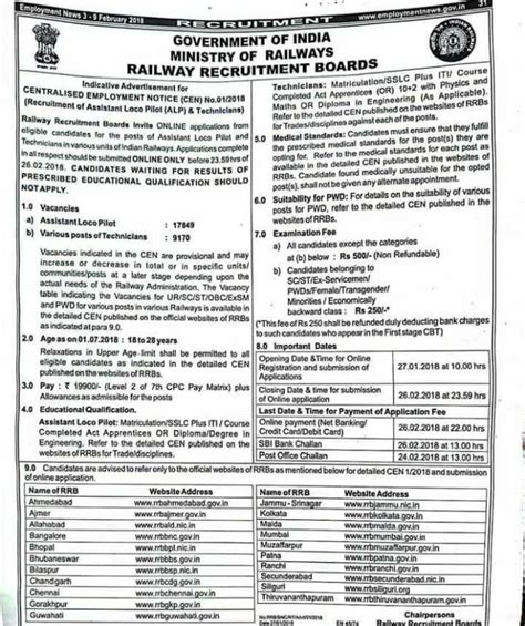 Rrb Loco Pilot Alp Technician Centralized Employment Notice