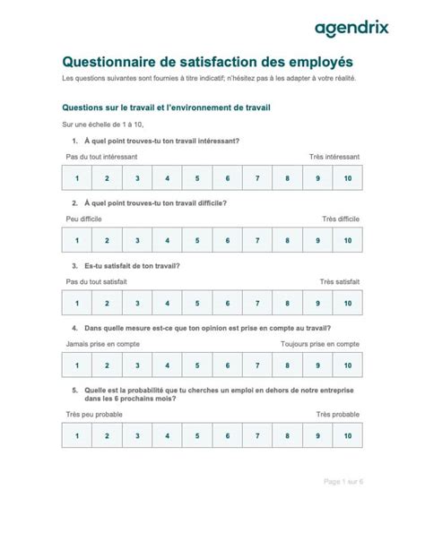 Exemple de questionnaire de satisfaction des employés Agendrix