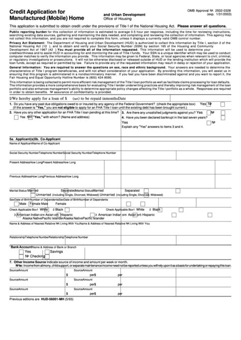 Fillable Form Hud 56001 Mh Credit Application For Manufactured