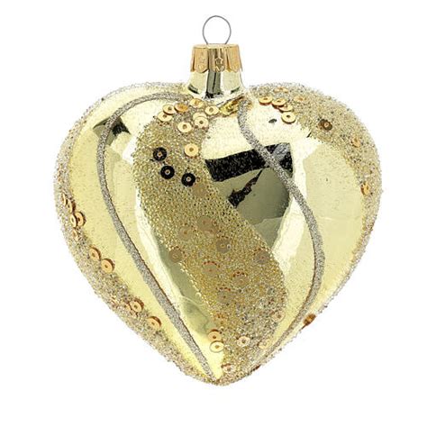 Heart Shaped Bauble In Gold Blown Glass With Glitter Decoration 100mm