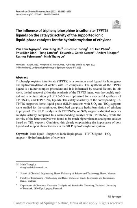 The Influence Of Triphenylphosphine Trisulfonate Tppts Ligands On The