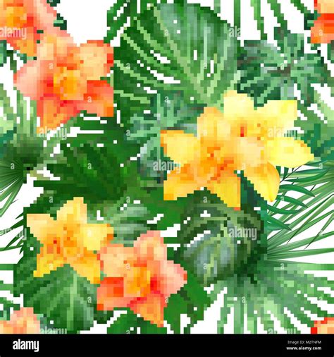 Tropical Seamless Pattern With Palm Leaves And Flowers Vector