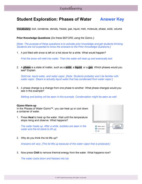 Gizmo Phases Of Water Key Student Exploration Phases Of Water Answer