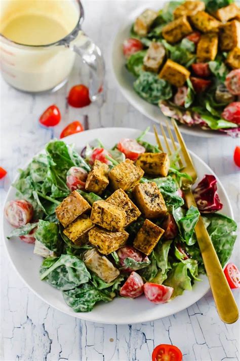 Vegan Caesar Salad With Crispy Baked Tofu Recipe Vegan Caesar Crispy Tofu Caesar Salad