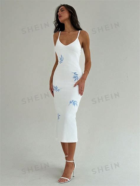 Shein Aloruh Romantic Date Women V Neck Sleeveless Embroidered Bodycon Dress With Long Hem