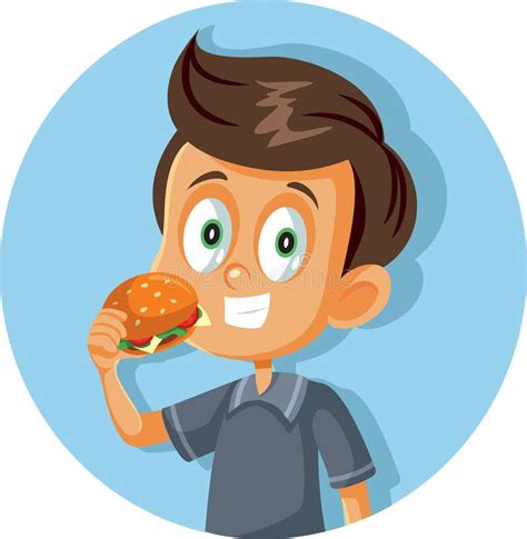 Happy Boy Eating A Hamburger Vector Cartoon Stock Vector Illustration