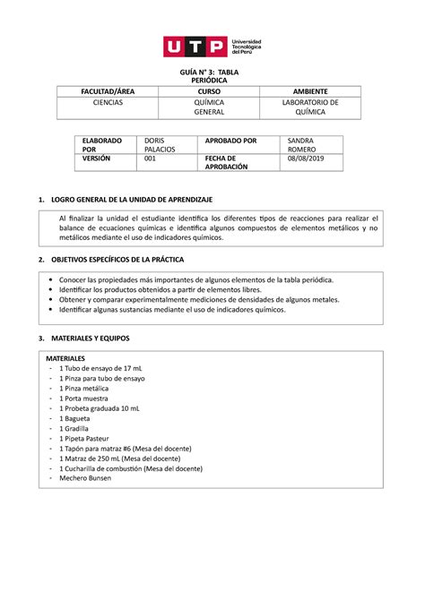 Laboratorio N°3 GuÍa N° 3 Tabla PeriÓdica FacultadÁrea Curso