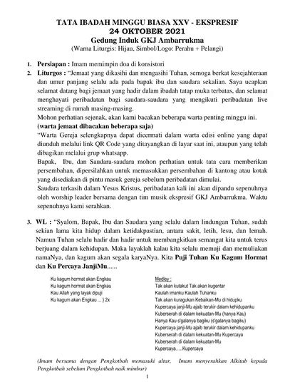 TATA IBADAH MINGGU BIASA XXV EKSPRESIF 24 OKTOBER 2021 Gedung Induk