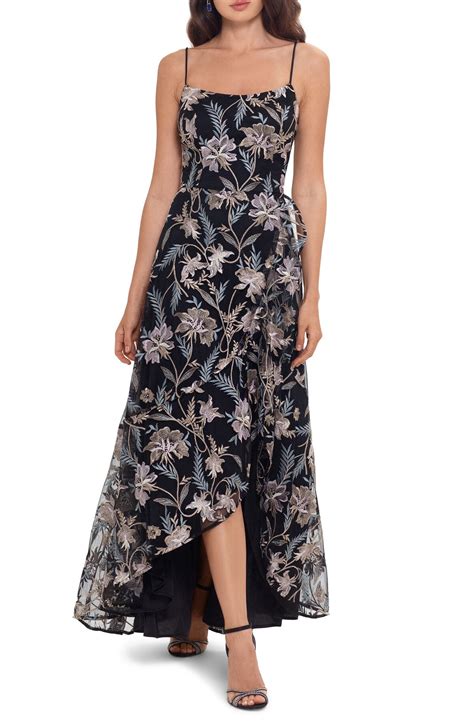 Xscape Floral Embroidered High Low Gown Black Gold Editorialist