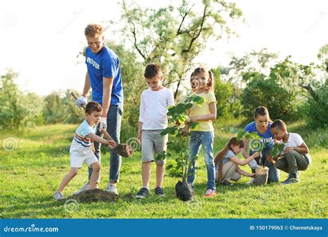 Kids Planting Trees With Volunteers Royalty Free Stock Photo