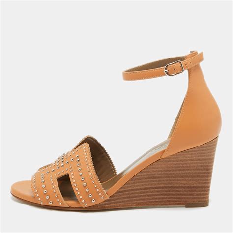 Hermes Tan Studded Leather Legend Wedge Sandals Size Hermes The