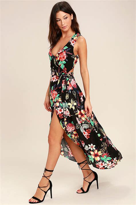 Lovely Black Floral Print Dress Wrap Dress High Low Dress 65 00 Lulus