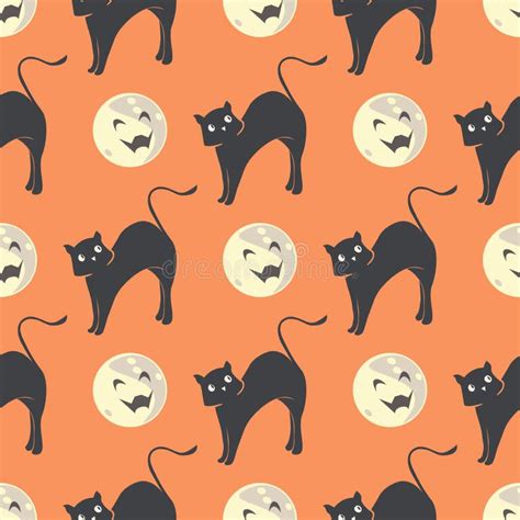 Seamless Pattern With Witch Cats And Demonic Moon Halloween Background