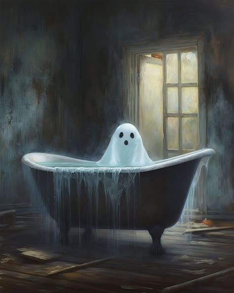 Cute Ghost Print Ghost In Tub Art Vintage Oil Poster Cottagecore