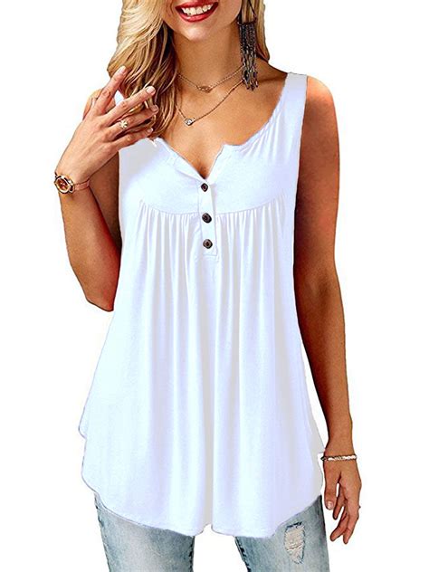 Amoretu Womens V Neck Henley Tank Tops Pleated Flowy Casual T Shirts