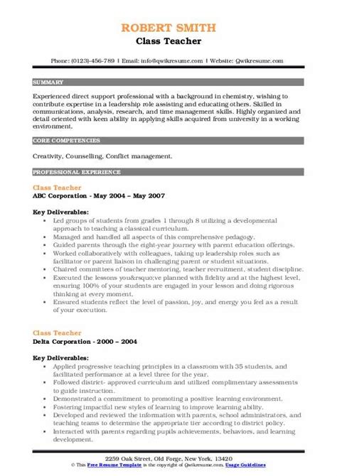 Class Teacher Resume Samples | QwikResume