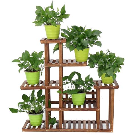 Rolling Plant Stand With Wheels Natural Wood 5 Tier Plant Shelf Indoor