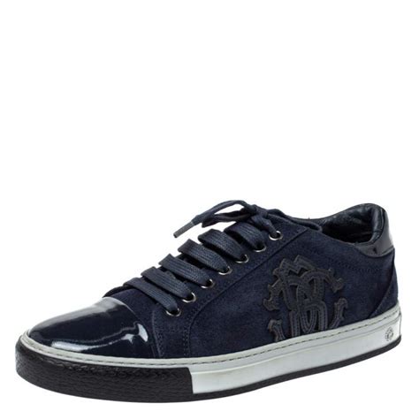 Roberto Cavalli Navy Blue Suede And Patent Leather Low Top Sneakers