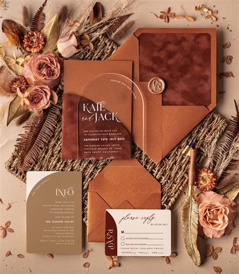 Luxury Arch Terracotta Acrylic Wedding Invitations Velvet Pocket