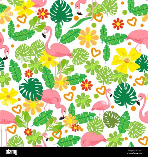 Seamless Summer Tropical Pattern With Flamingo Exotic Flowers Leaves