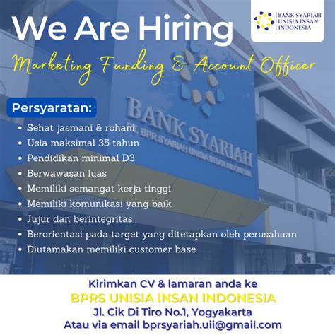 Lowongan Kerja Marketing Funding Account Officer Di PT BPRS Unisia