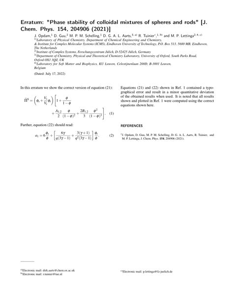 Pdf Erratum Phase Stability Of Colloidal Mixtures Of Spheres And