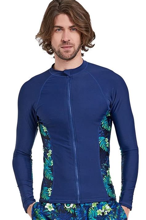 Mens Long Sleeves Rash Guard Shirt Quick Dry Sun Protection Print Front Zip Surfing Top Suit