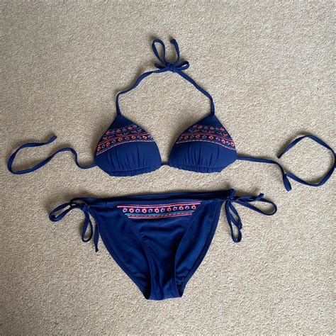 Navy Tie String Bikini With Embroidery Detail Depop