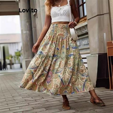 Lovito Women Boho Plain Smocked Printing Skirts LNL60192 Shopee